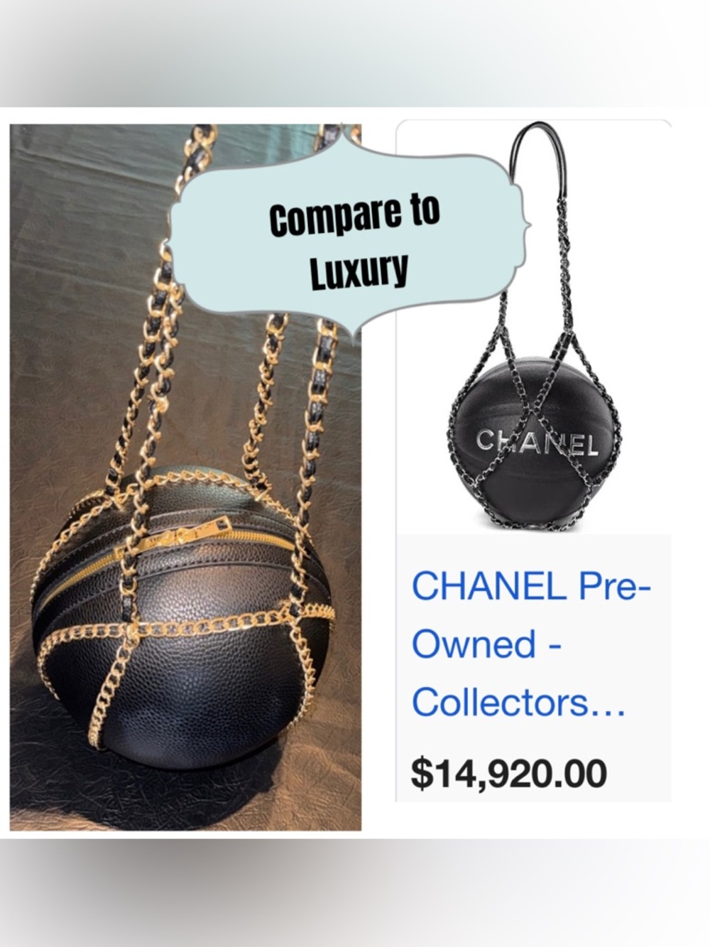 Black Leatherette Round Basketball Bag with Gold Chain, NEW - Picture 7 of 7